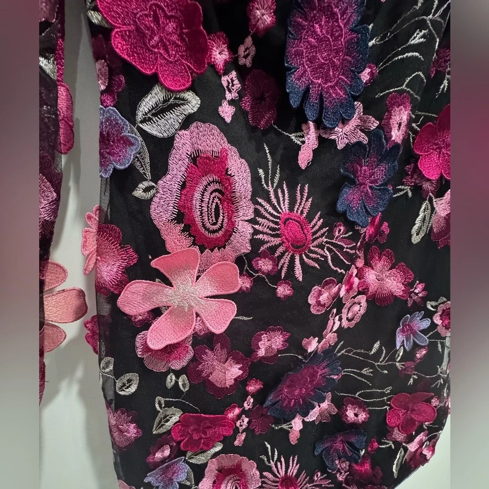 Monique Lhuillier Pink and Black Floral Long Sleeve Dress - Picture 3 of 7